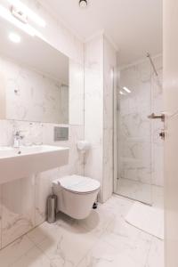 奥赫里德Sky Corner Hotel的浴室配有卫生间、盥洗盆和淋浴。