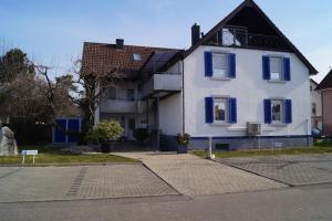 莱茵河畔威尔朗比主教宫酒店的街上有蓝色百叶窗的白色房子
