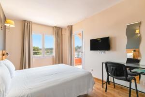 圣蓬萨Nura Santa Ponsa Pins的配有一张床、一张书桌和一扇窗户的酒店客房