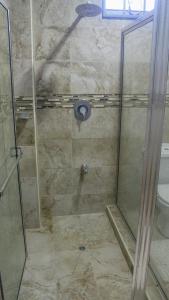 Mount IrvineParadise Place Apartments的浴室里设有玻璃门淋浴