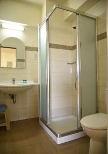 拉纳卡艾利索酒店的带淋浴、卫生间和盥洗盆的浴室