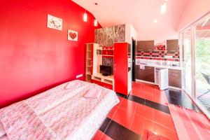 ShilagalyayVIP Red Love house for 2的红色的房间,设有一张床和红色的墙壁