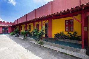 马拉塔伊济斯Pousada dos Gravatais的红黄楼,有盆栽植物和花卉