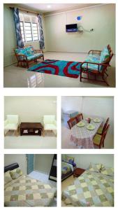Kuala BerangHomestay Sejati的一张床位和一张桌子的房间的四张照片