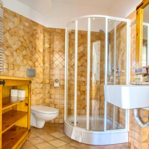 皮什约瑟康拉德酒店的带淋浴、卫生间和盥洗盆的浴室
