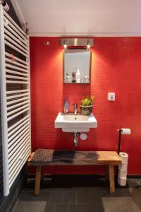 米茨兰德瓦法尔德尔旅馆的一间带水槽和红色墙壁的浴室