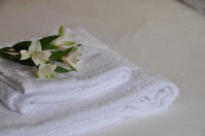 AdaneroCasa rural La sastreria de Adanero的床上的白色毛巾,上面有鲜花