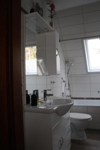 柏林Ferienwohnung Neumann的一间带水槽、卫生间和镜子的浴室
