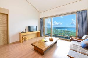 济州市济州岛度假酒店的带沙发和大窗户的客厅