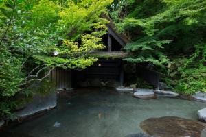 南小国町黑川温泉奥之汤日式旅馆的花园中种满树木的池水
