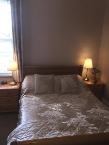 彭赞斯Chiverton House Guest Accommodation的一间卧室配有一张带两盏灯的床和一扇窗户。