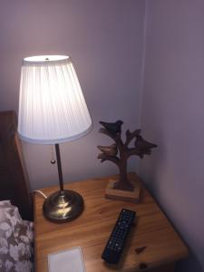彭赞斯Chiverton House Guest Accommodation的一张桌子,上面有台灯和遥控器