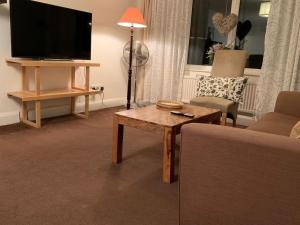 圣奥尔本斯Spacious 3 Bedroom Apartment的带沙发、桌子和电视的客厅