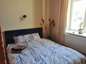 库雷萨雷Stylish apartment with sauna的一间卧室配有一张带枕头和窗户的床