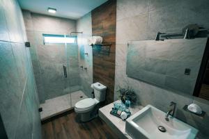 JamayHotel Corral Grande的带淋浴、卫生间和盥洗盆的浴室