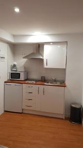 塞维利亚Apartment Plaza Del Salvador的厨房配有白色橱柜、水槽和微波炉