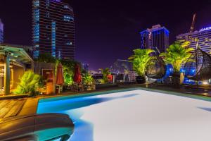 胡志明市罗斯兰森塔水疗酒店 的一座晚上拥有城市天际线的游泳池