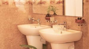 尼甘布Bohemian Hotel - Negombo的一间带水槽、卫生间和镜子的浴室