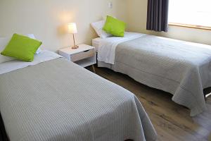 巴拉斯港Departamentos Nómades del Lago的配有绿色枕头的酒店客房内的两张床