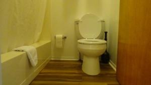 温泉城罗斯洛伊汽车旅馆的浴室设有卫生间、盖子和浴缸。