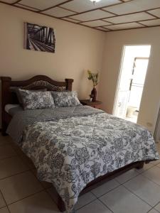 阿拉胡埃拉Kubo Apartment的卧室配有一张带灰色和白色棉被的床