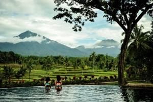 外南梦Ijen Resort and Villas - The Hidden Paradise的两个在水中,背景是山