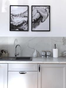 波兹南Piper Park Wilsona & Targi的厨房水槽上方墙上的三幅画框
