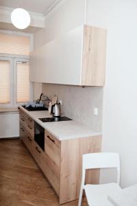 卢布林Rodmos Hostel的厨房配有木制橱柜和炉灶烤箱。