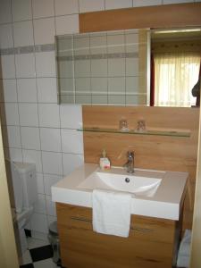 乌特普伦斯塔滕阿克登霍夫膳食酒店的一间带水槽、镜子和卫生间的浴室