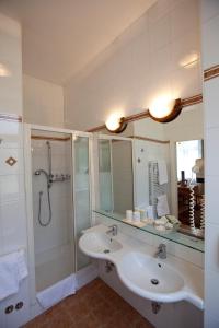 梅拉诺Hotel Villa Westend的一间带水槽、淋浴和镜子的浴室