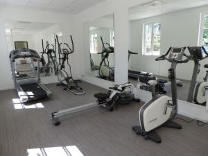 贝桑于潘港舍尼维尔城堡酒店的健身房设有数辆健身自行车和镜子
