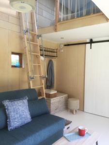 考斯Tiny Home cabin Eilidh的客厅设有蓝色的沙发和梯子
