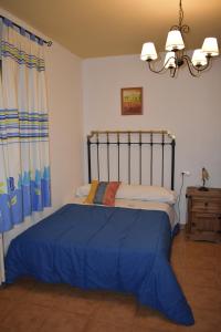 波索阿尔孔Alojamientos Rurales la Loma的一间卧室配有一张带蓝色毯子的床