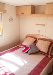 GramboisMobil Home à la ferme, en Provence的卧室内的一张带枕头的床
