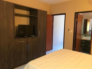 LuqueMandala的一间卧室设有大木柜和平面电视