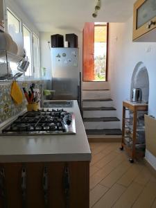 韦内雷港Il nido dei Gabbiani的厨房配有炉灶和冰箱。