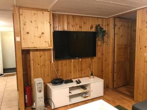 斯塔万格Nordhagen 17的客厅设有木墙,配有电视