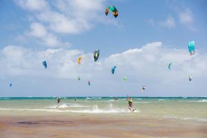 勒沃克兰乐村德拉蓬德度假村的一群人在海滩上放风筝