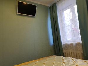 喀琅施塔得Прибой的一间卧室设有一张床和一个带电视的窗户。