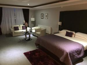 拉内利The Diplomat Hotel Restaurant & Spa的酒店客房配有一张床、一张沙发和椅子。