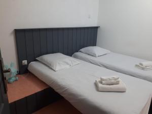 阿雷斯Appartement Cosy - Les Ecureuils的配有2张床的客房内配有白色床单和毛巾
