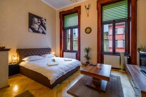 布拉索夫城市中心公寓式酒店的卧室配有床、桌子和窗户。