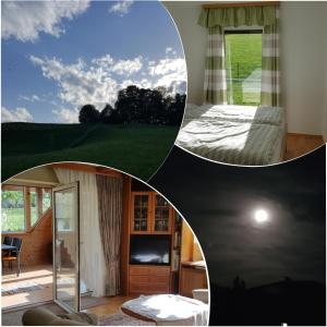 Oberhofen am Irrsee米特鲍尔度假屋的卧室两张照片,配有一张床和电视