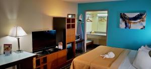 拉斐特Discovery Inn Lafayette的配有一张床和一台平面电视的酒店客房