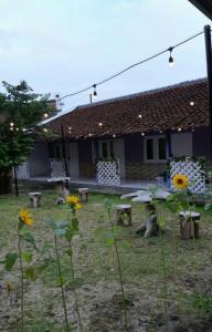 日惹内达勒姆迪阿约民宿的院子里带野餐桌和鲜花的房子