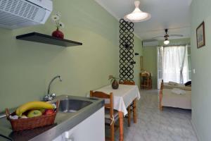 卡西奥皮达马斯基斯一室公寓的厨房以及带水槽和桌子的客厅。