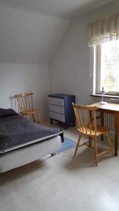 OdensviOdensvi Vandrarhem的卧室配有一张床和一张桌子及椅子
