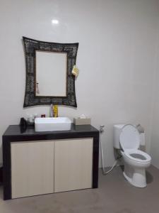 巴淡岛中心Jakson Homestay的一间带水槽、卫生间和镜子的浴室