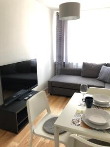 比亚韦斯托克CR Przytulny Apartament przy Pałacu Branickich的客厅配有桌子和沙发