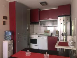 贝尔格莱德Apartman AS的厨房配有红色橱柜和白色家电